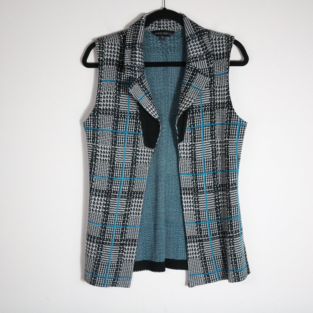 Ming Wang vest XS black white Houndstooth pattern sleeveless open front collared